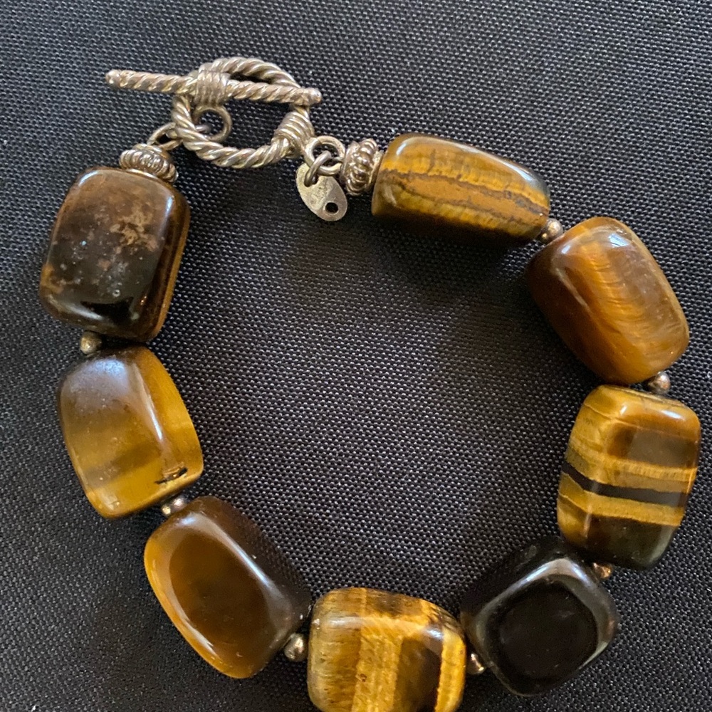 VINTAGE POLISHED BEAD Tiger's Eye  Bracelet With Sterling Silver Toggle Clasp